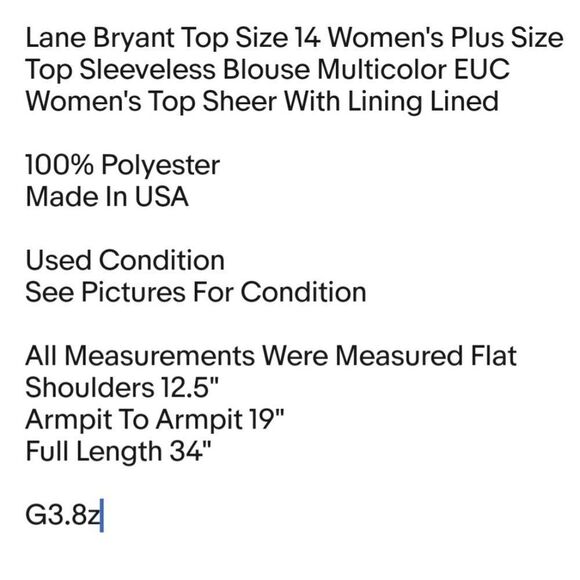 Lane Bryant Top Size 14 Women's Plus Size Top Sleeveless Blouse Multicolor EUC  - Picture 2 of 5